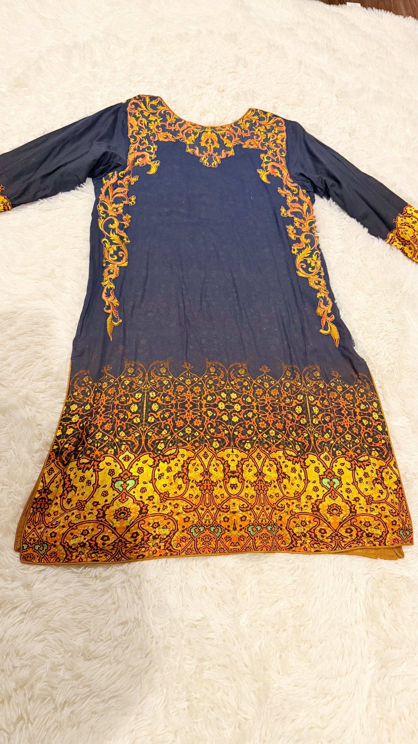 HSY Blue Lawn Kurta with Yellow and Orange Embroidery & Printed Design
