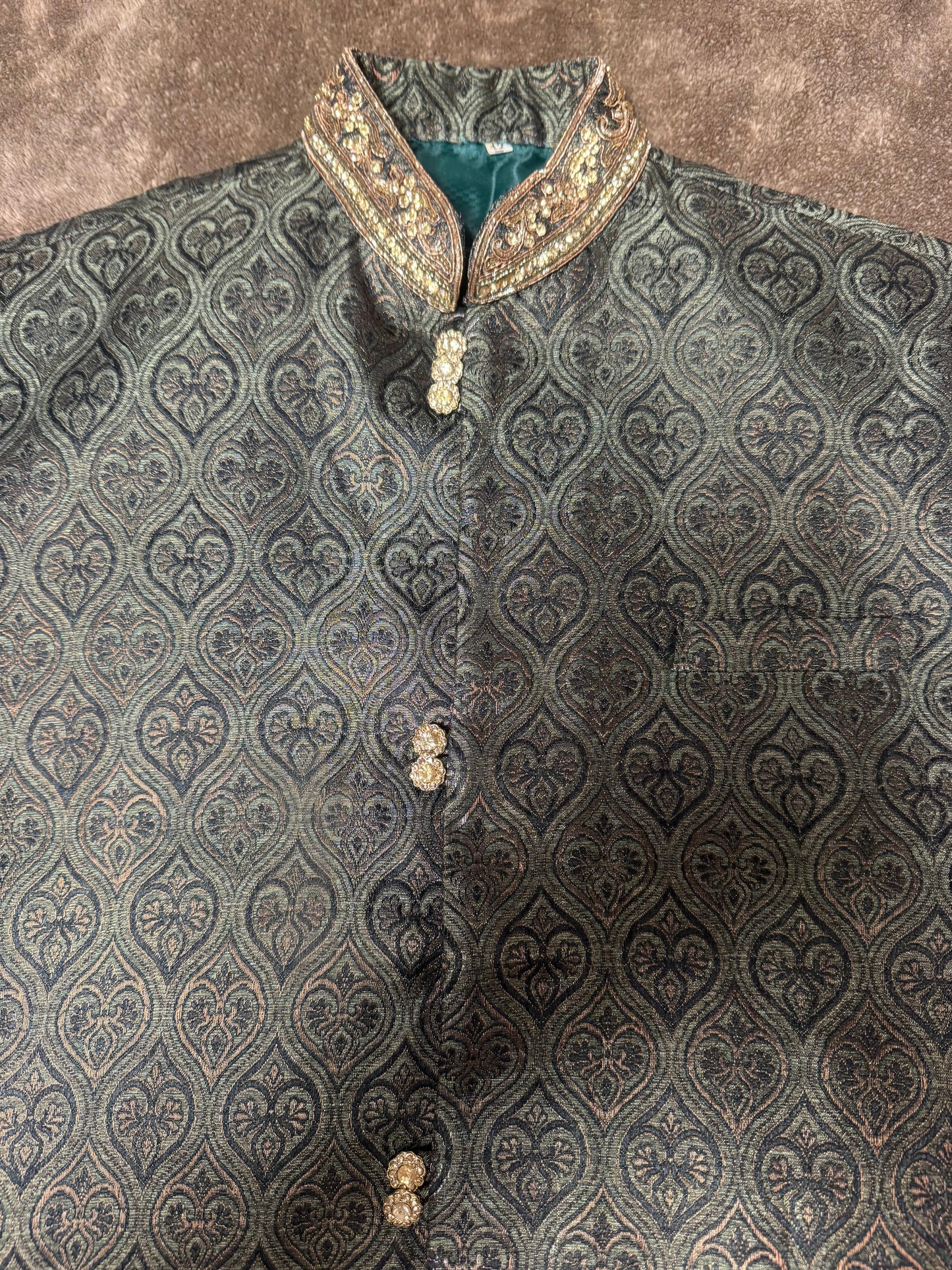 Black Silk Straight Kurta with Jamawar Vest with gold embellishments