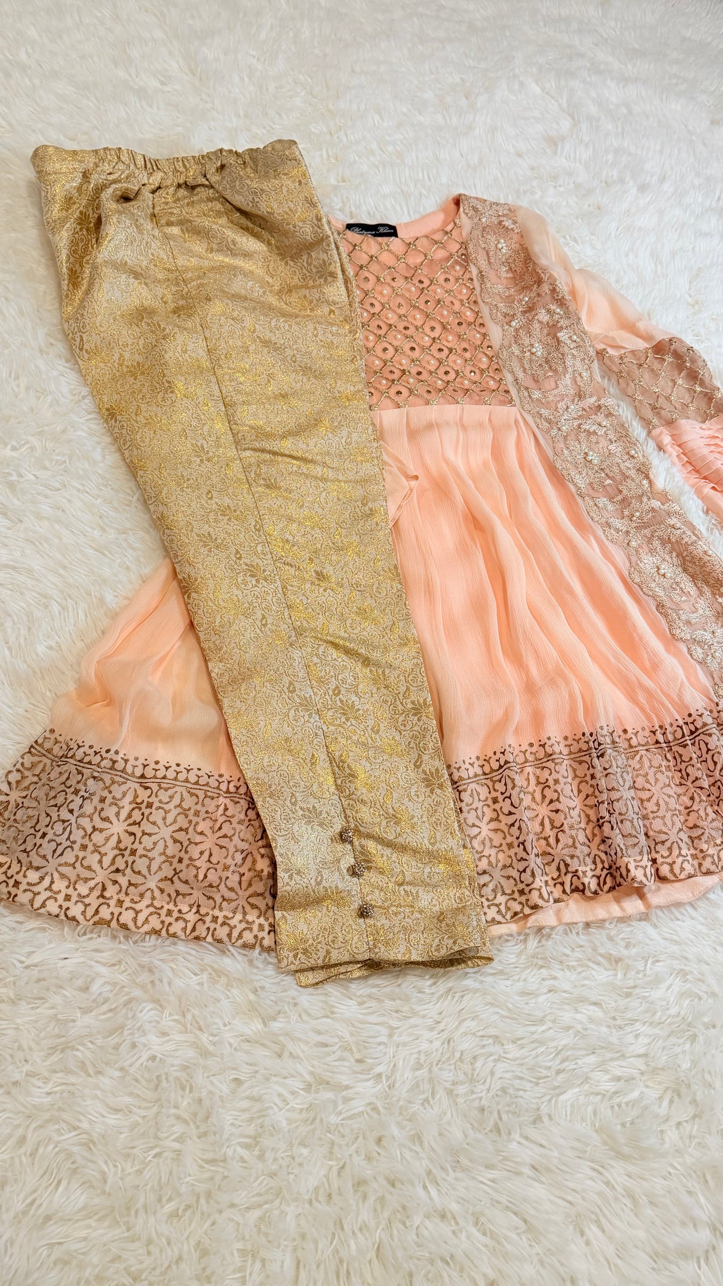 Phatyma Khan Pink Chiffon Baby Doll Shirt with Golden Jamawar Pants