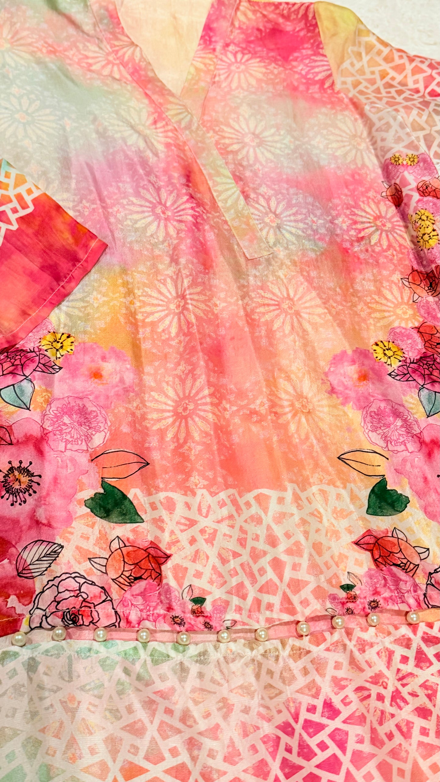 Karma Floral Silk Kurta with Pearl Detailing