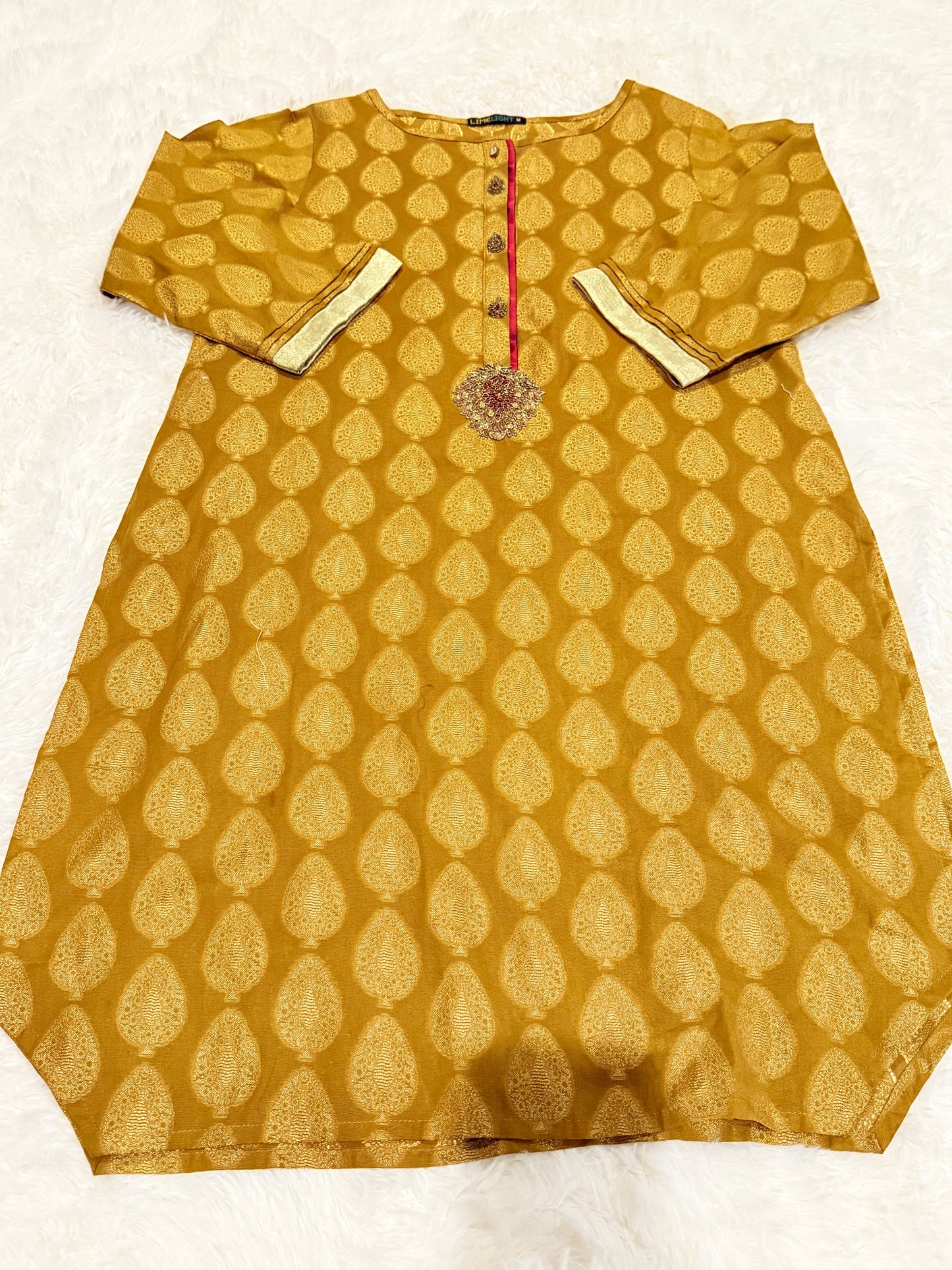 Limelight Mustard Yellow Box cut shirt with Metallic threading and embellishments around neckline