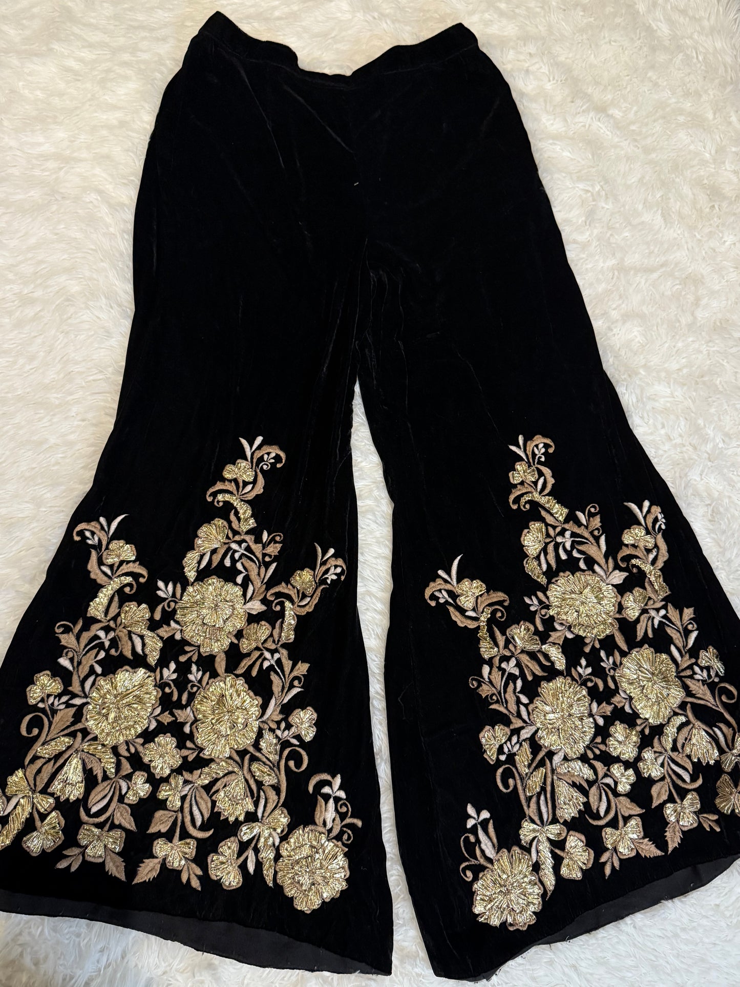 Cotton Ginny Organza and Silk Top with Embellishments with Wide Leg Embroidered Velvet Pants