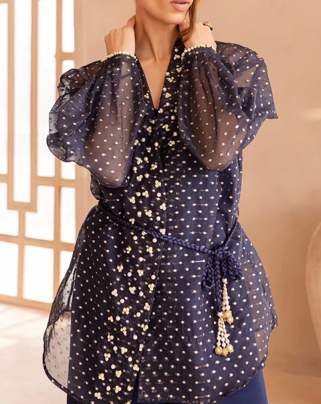 Vanya Navy Blue Organza Wrap with Embroidery