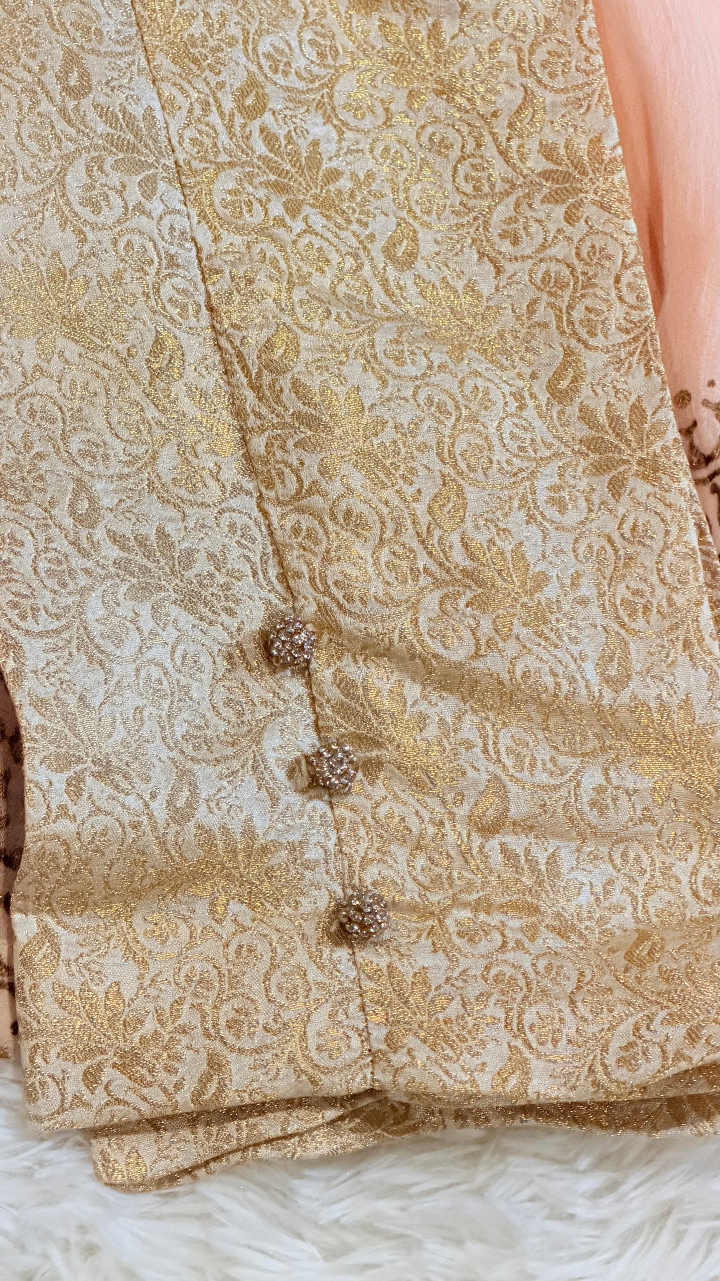 Phatyma Khan Pink Chiffon Baby Doll Shirt with Golden Jamawar Pants