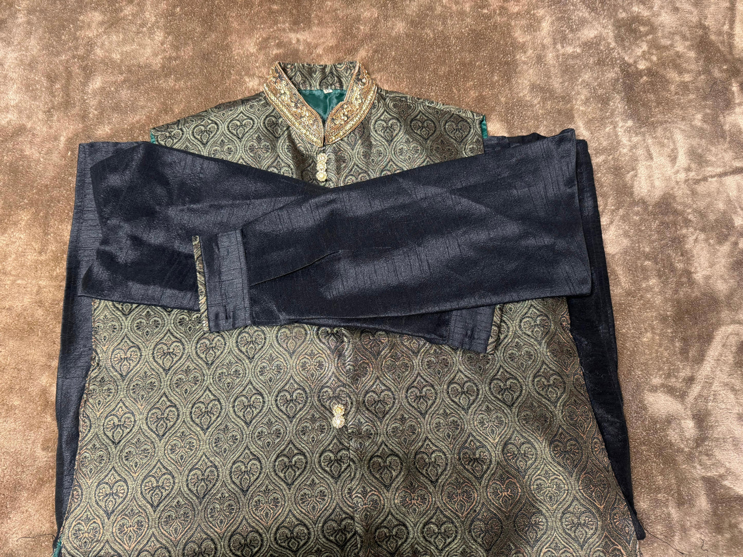 Black Silk Straight Kurta with Jamawar Vest with gold embellishments