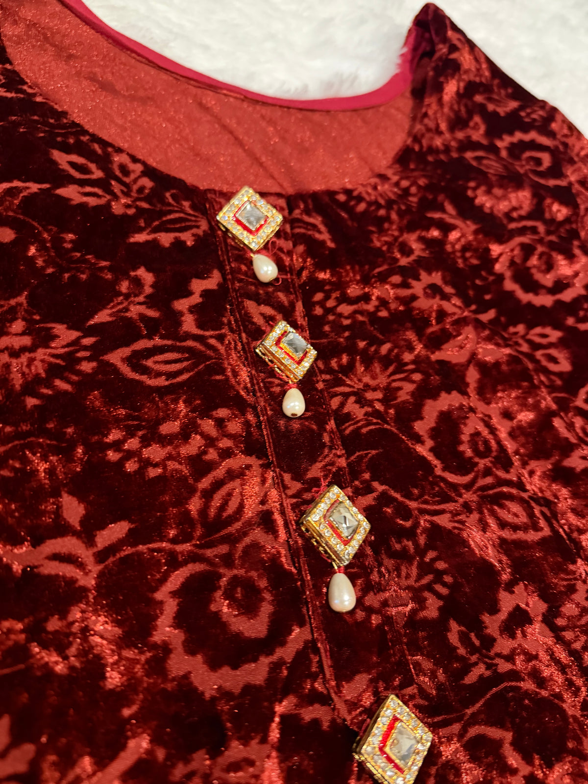 Rust/Orange Self Printed Velvet shirt with ornate buttons on neckline