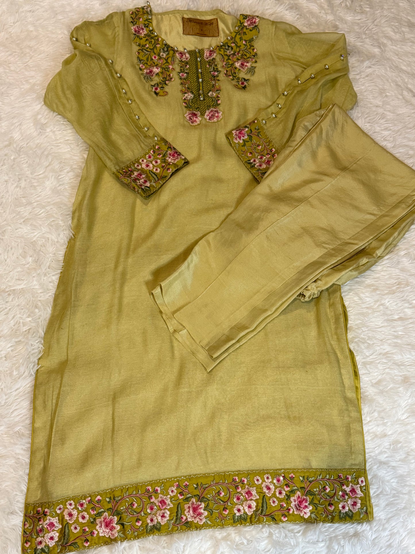 Threads & Motifs Lime Green Suit with Embroidery on Shirt and details on the Sleeves