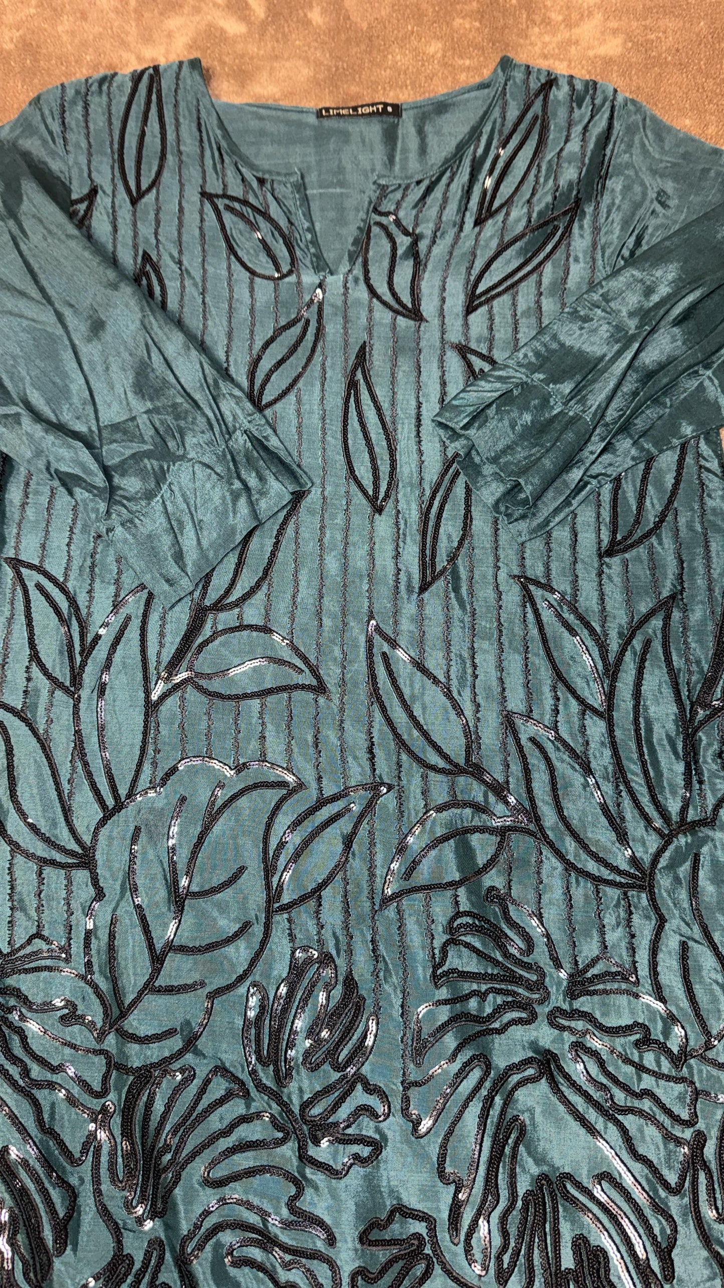 Limelight Kurta in Dark Blue/Green with Black Embellishments and Fringe border
