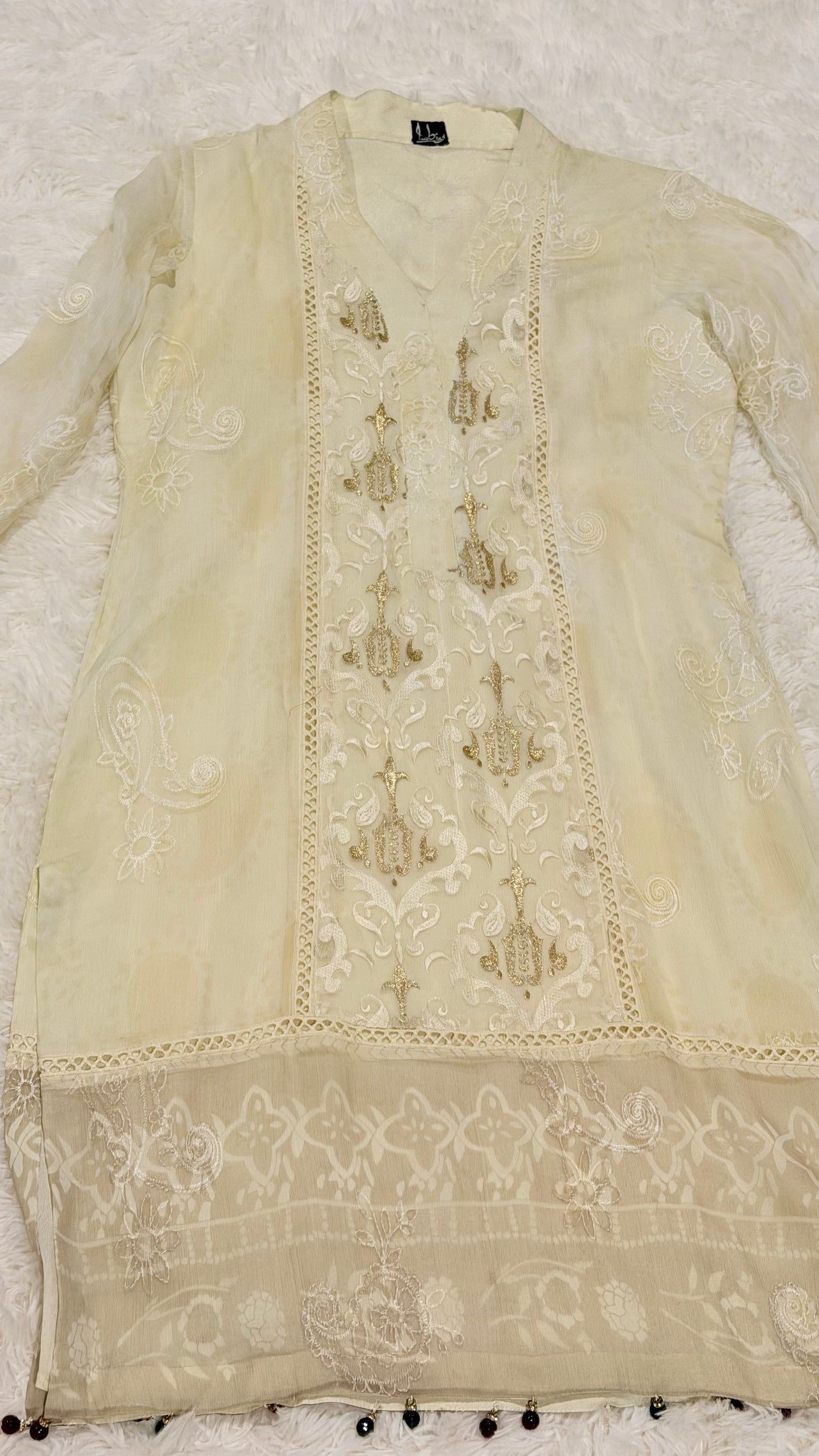 Imbias Off-White Chiffon Shirt with Embroidery and Self-Print background in light beige color