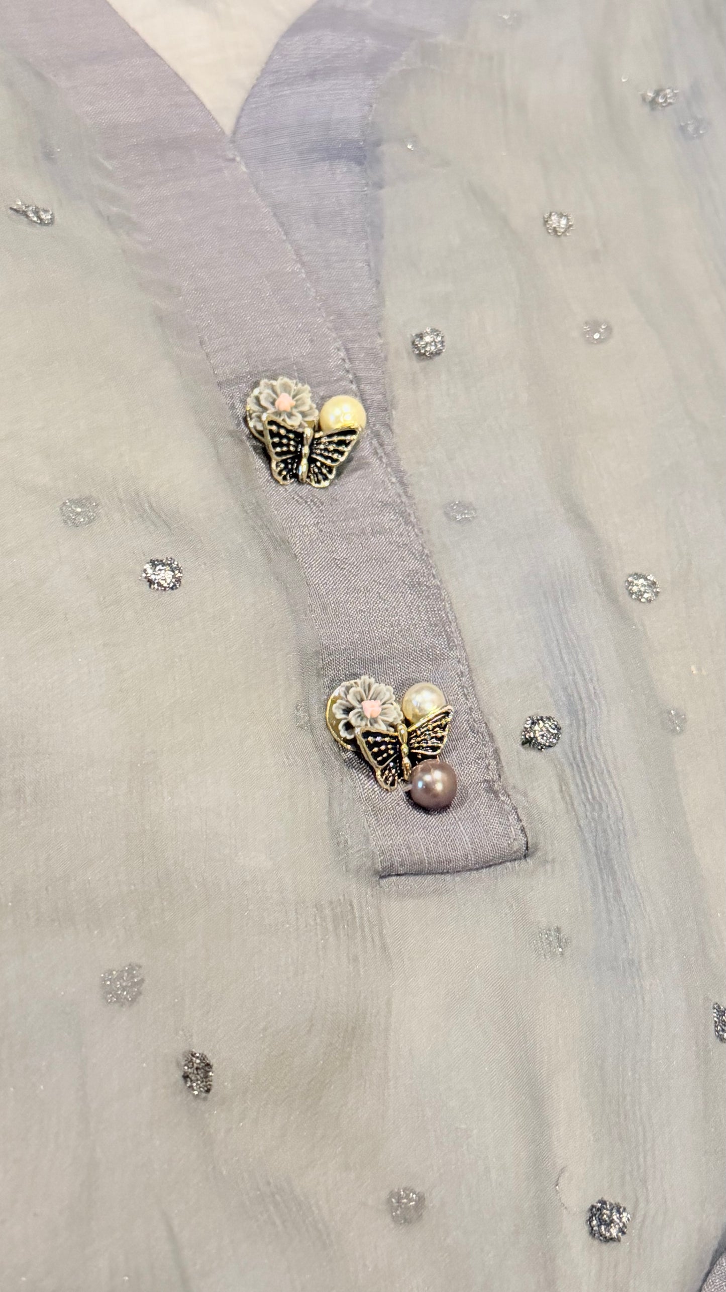 Maria B Gray Chiffon Shirt with Metallic Thread Embroidery and Pearl trim on sleeves and hem