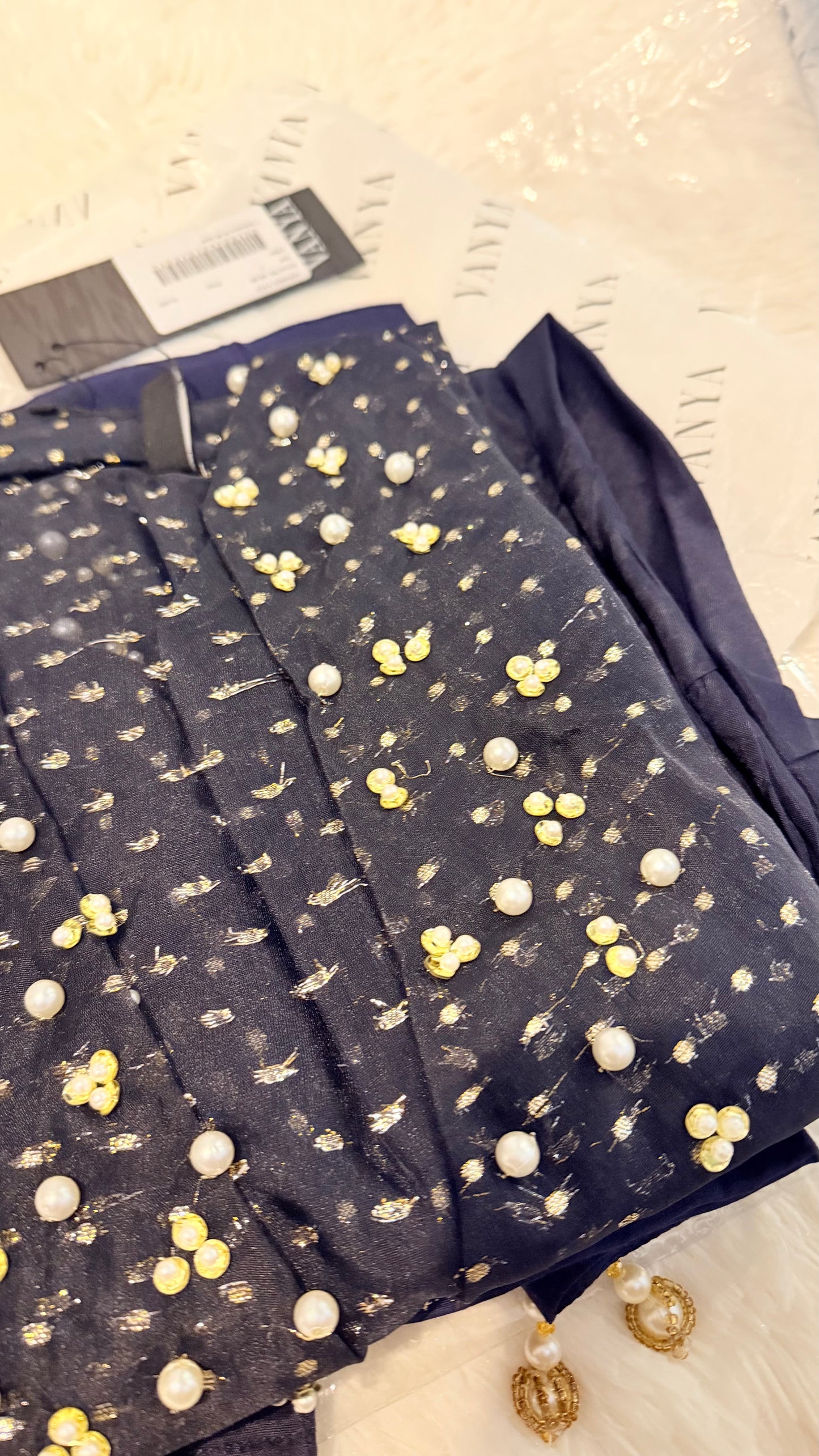 Vanya Navy Blue Organza Wrap with Embroidery