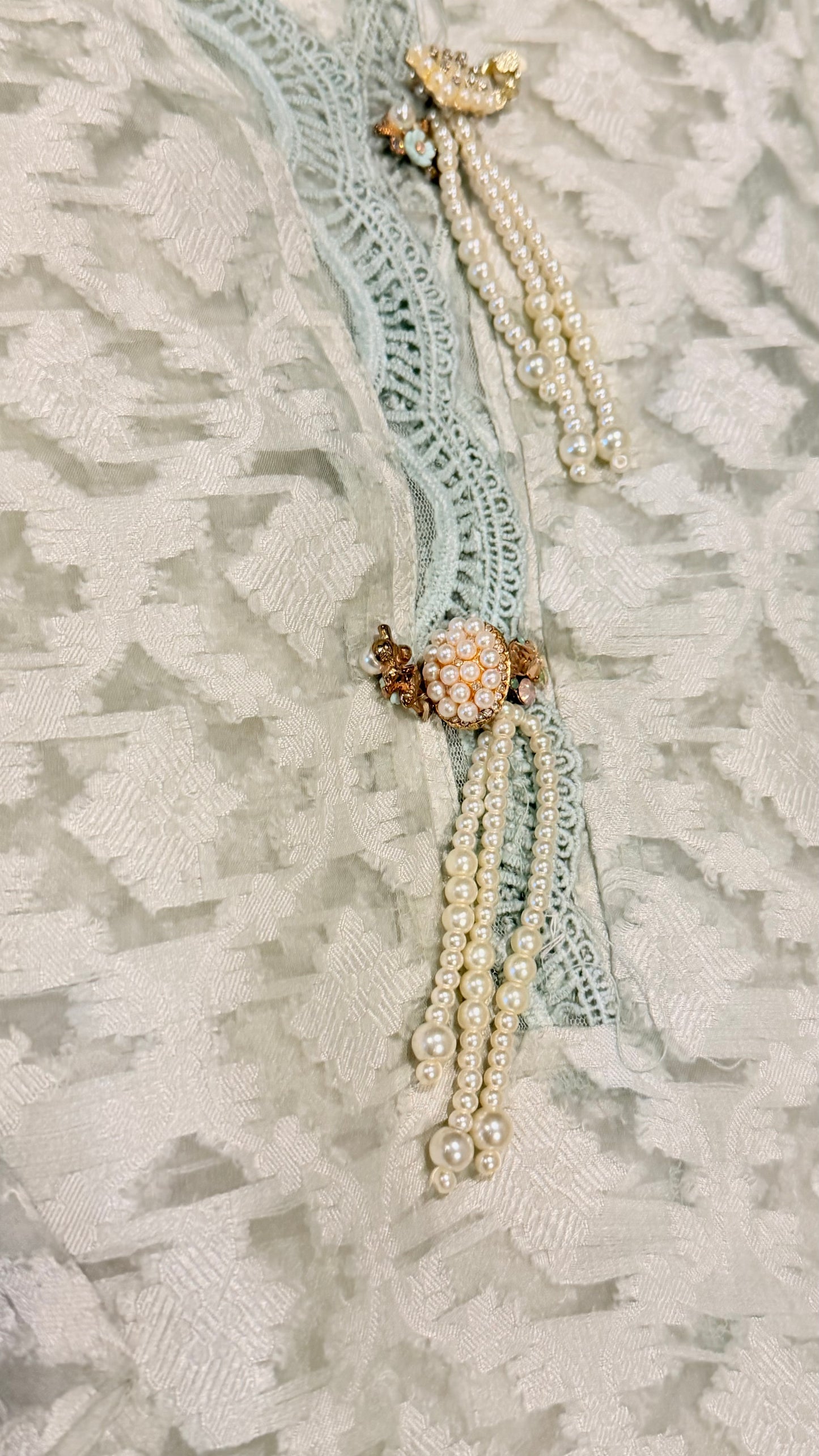 Mahvish Naeem Mint Green Organza Shirt with Embroidery and 3D flower embellishments with Pearl and Crystal accents.