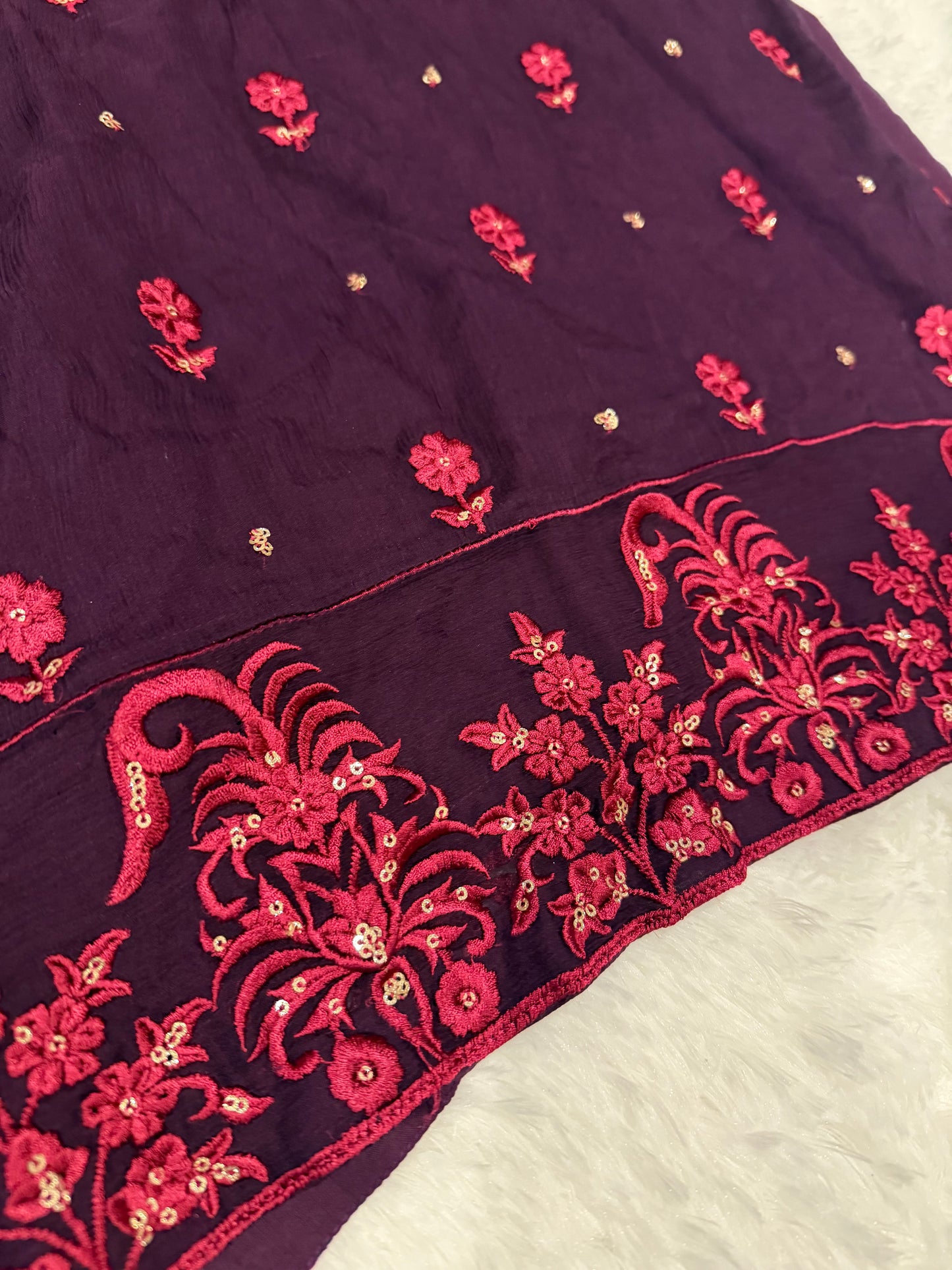 Agha Noor Deep Purple Chiffon Shirt with Magenta Embroidery and Golden Sequins.
