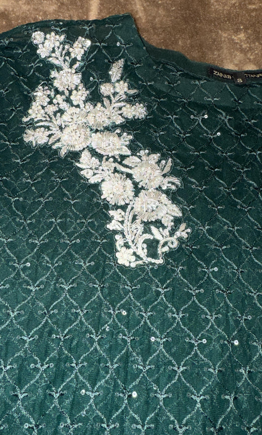 Zainab Chottani Green Asymmetric Poncho with Green Camisole and Straight Pants