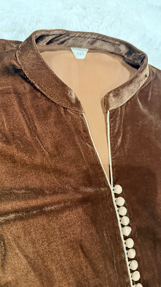 Sak Atelier Brown Velvet Suit with Gold Buttons on Neckline and Sleeves with Golden Trim