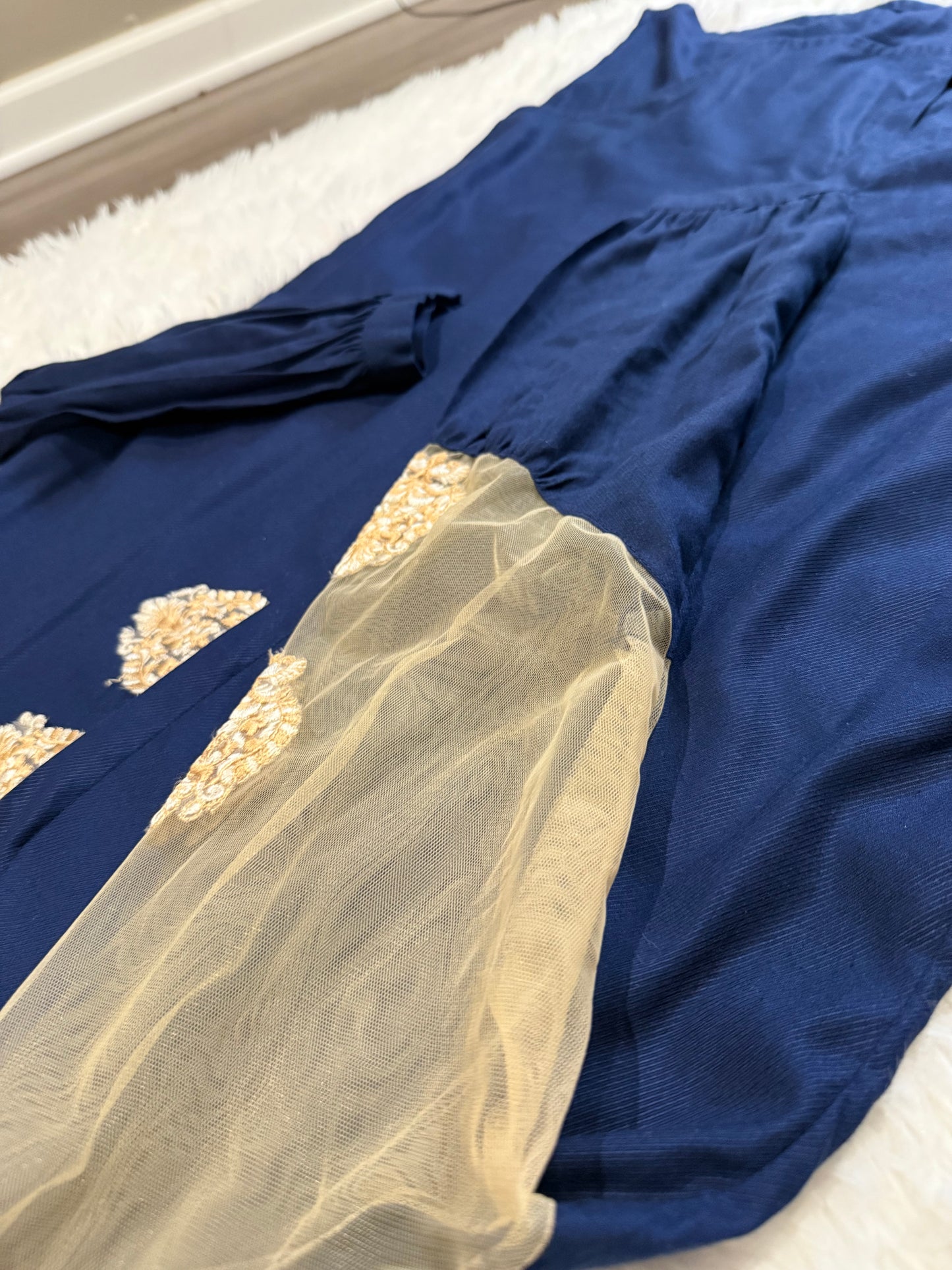 Asifa Nabeel Navy overlap style shirt with Golden Brown Embroidery and Half Lace Sleeves