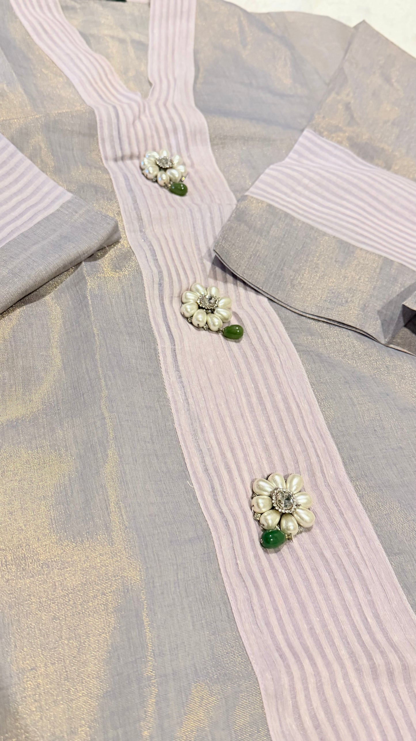 Cross Stitch Cotton Silk Shirt with Metallic Shimmer in Lavender with Pearl Embellishments along front and Organza Hem