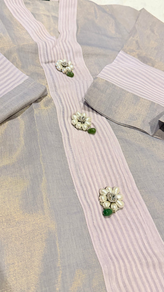 Cross Stitch Cotton Silk Shirt with Metallic Shimmer in Lavender with Pearl Embellishments along front and Organza Hem