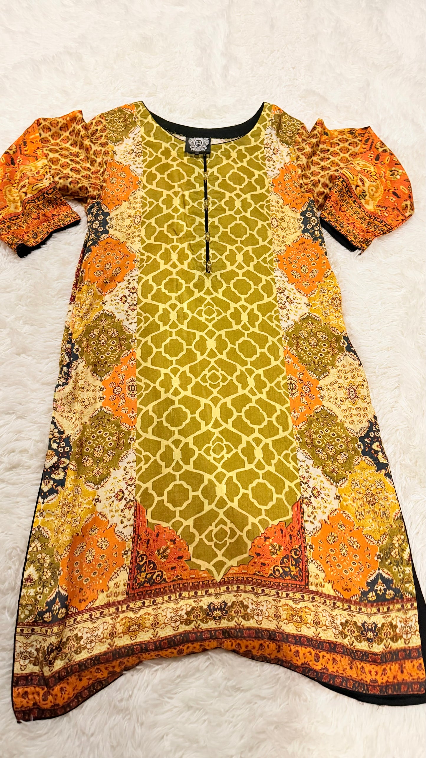 HSY Printed Silk Kurta with Crystal Buttons and Black Edging