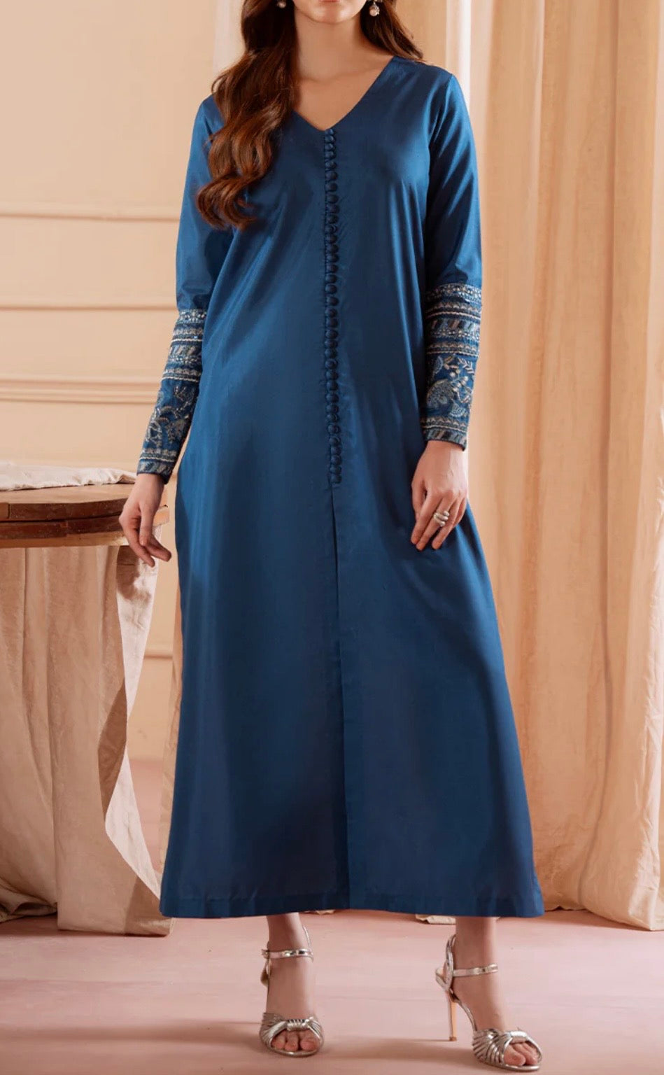 Vanya Blue Long Silk Shirt with Trousers and Embroidery on Sleeves