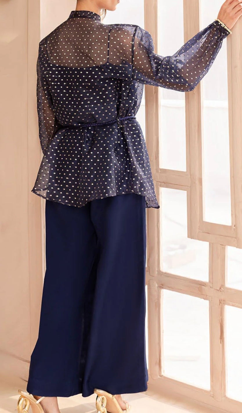 Vanya Navy Blue Organza Wrap with Embroidery