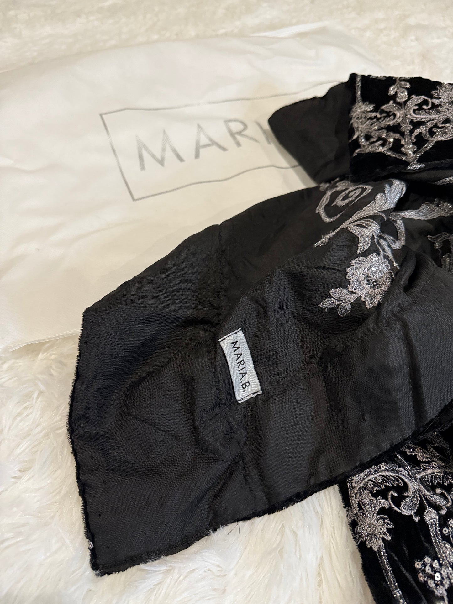 Maria B Black Velvet Shawl with Silver and White Embroidery & Accents