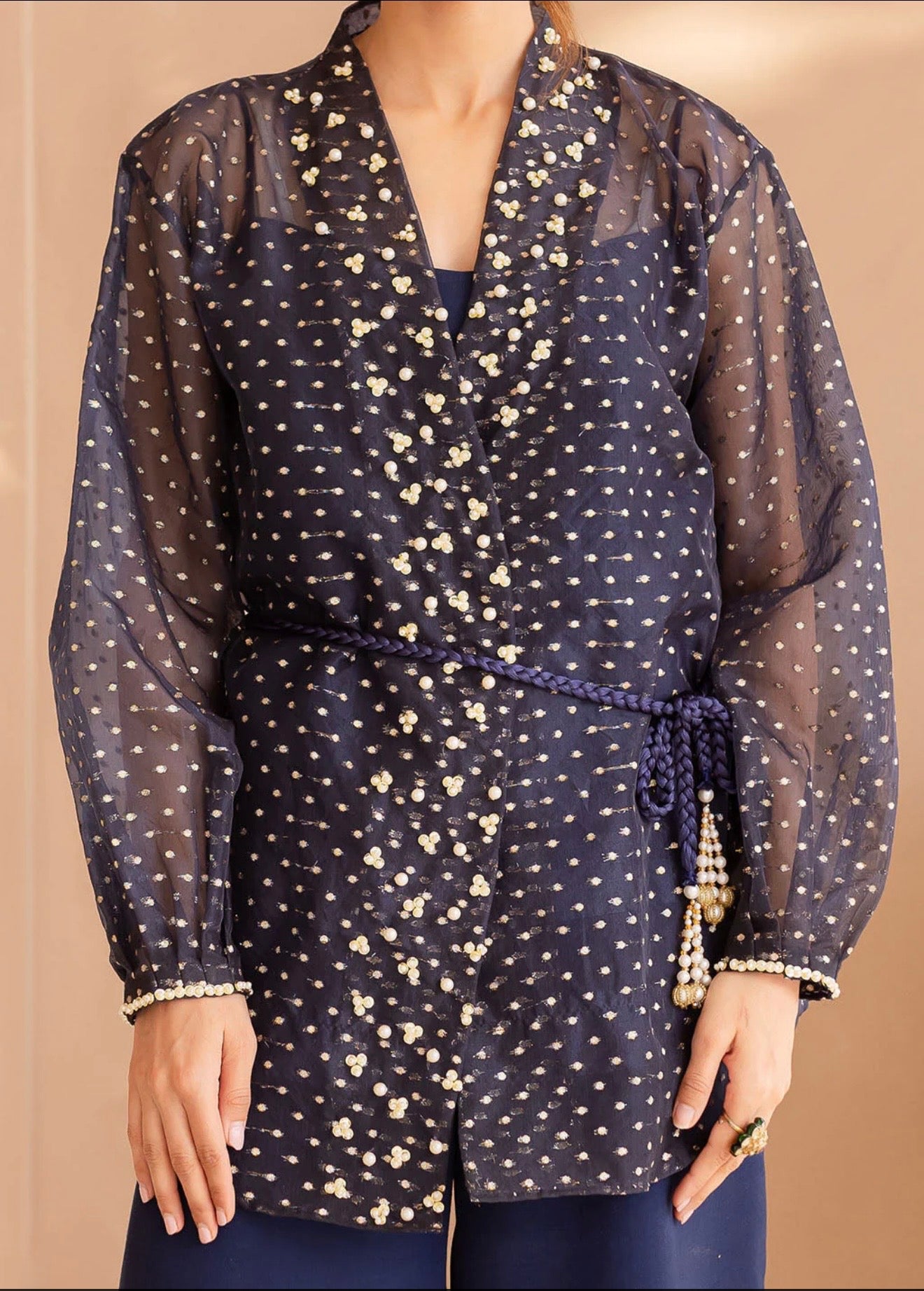 Vanya Navy Blue Organza Wrap with Embroidery