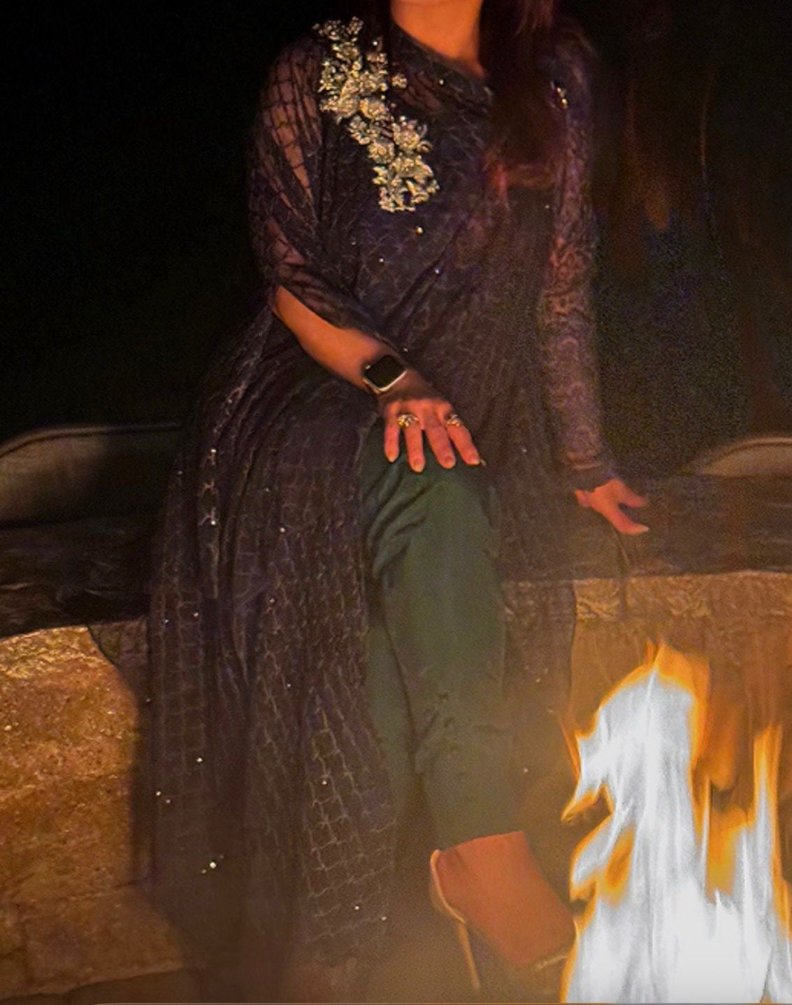 Zainab Chottani Green Asymmetric Poncho with Green Camisole and Straight Pants