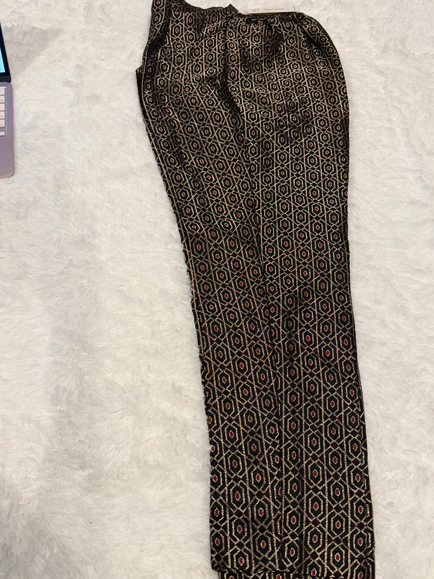 Chinyere Formals Black Silk/Jamawar Pants with Golden and Red Print