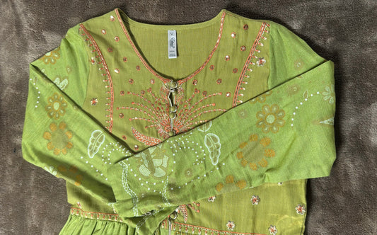 Ethnc Green and Gold A-line Cotton Silk Frock with Embroidery, Beads and Painted Design