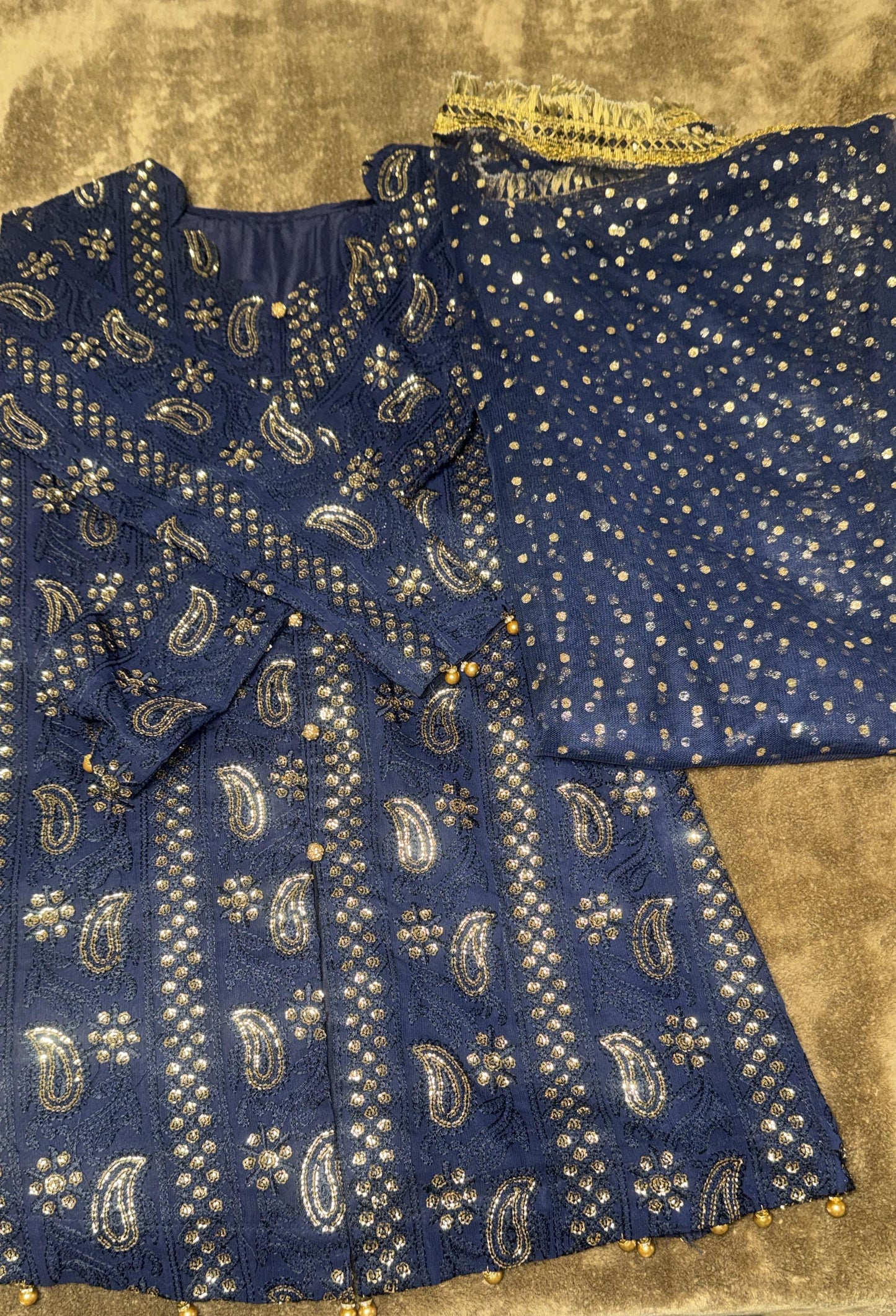 Navy and Gold Chikankari Kurta with Net Duputta
