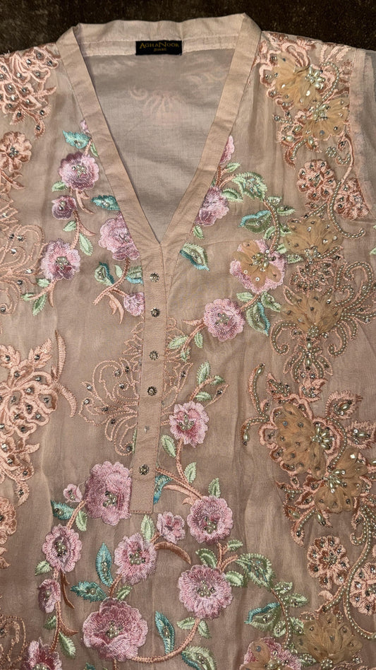Agha Noor Kurta - Peach with Pink and Green Embroidery and Pearl Embellishments
