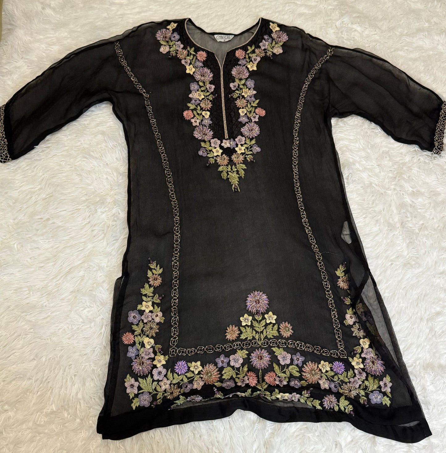 Chinyere Chiffon Top with Heavy Floral Embroidery with Pearls and Metal Work