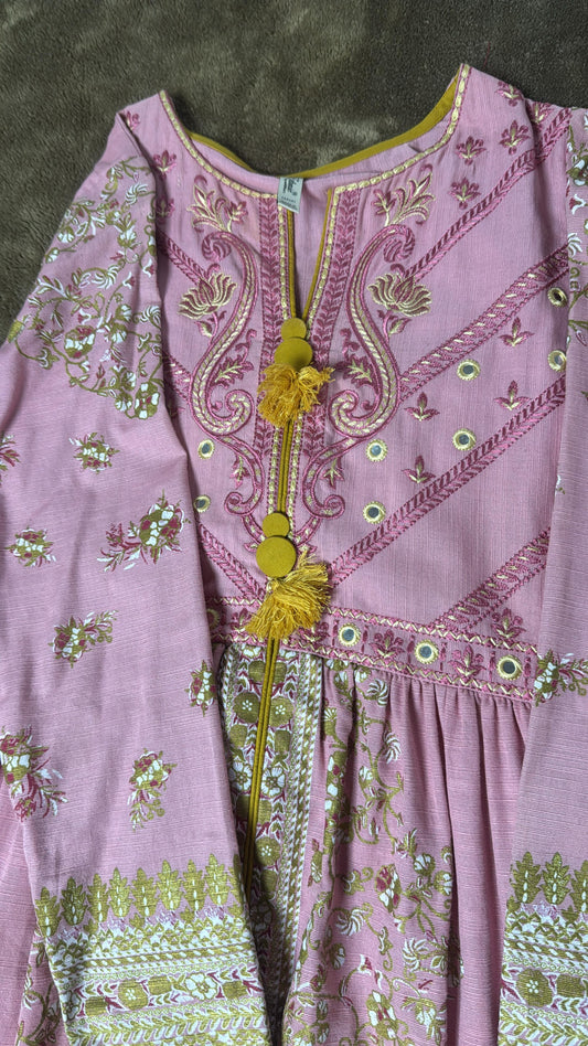 Ethnc Pink and Gold A-line Cotton Silk Frock with Embroidery, Mirror Work and Painted Design