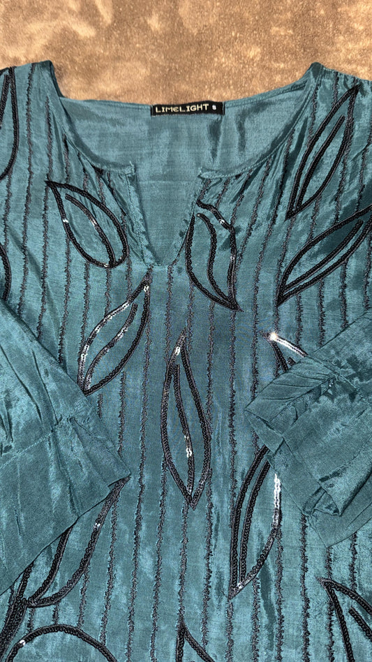 Limelight Kurta in Dark Blue/Green with Black Embellishments and Fringe border