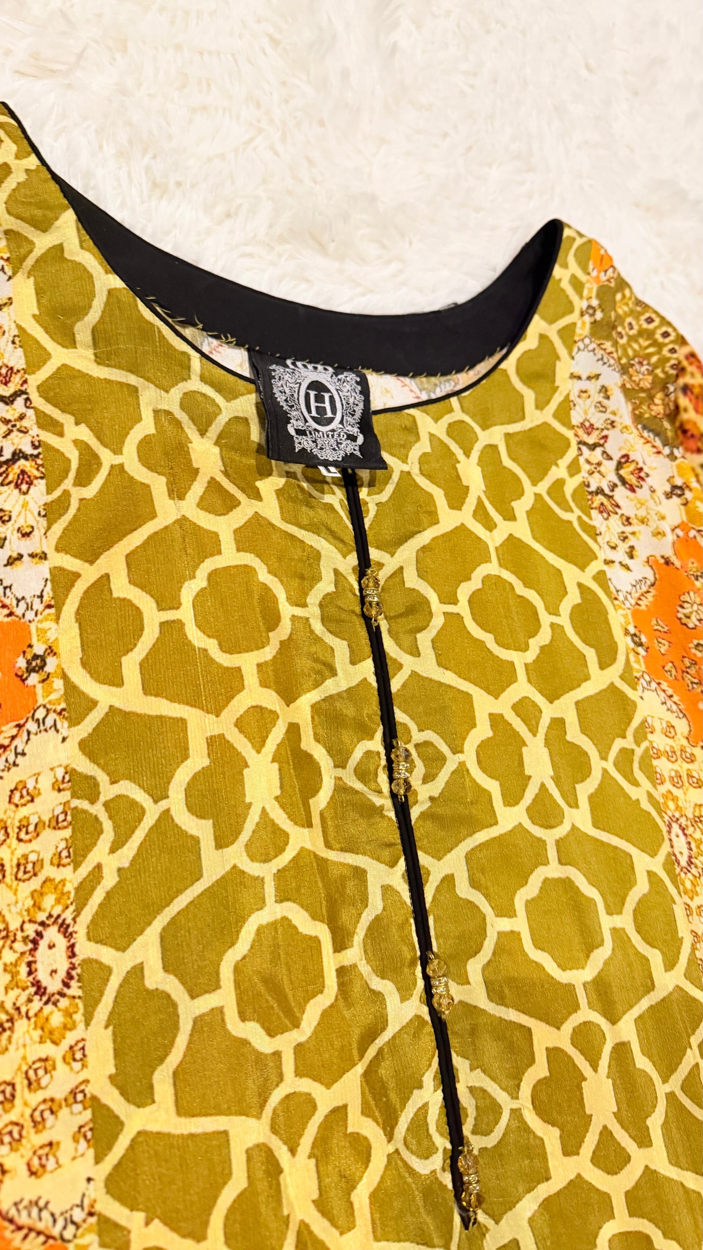 HSY Printed Silk Kurta with Crystal Buttons and Black Edging
