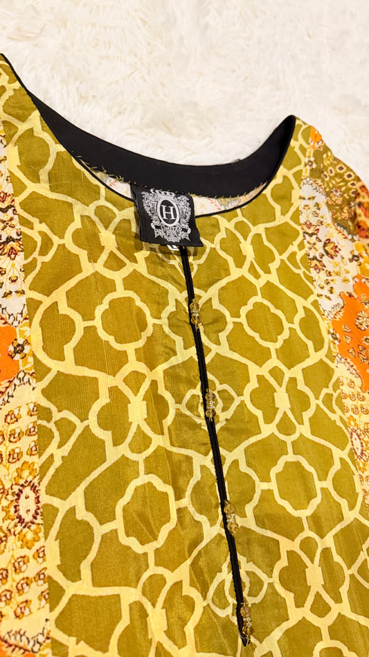 HSY Printed Silk Kurta with Crystal Buttons and Black Edging