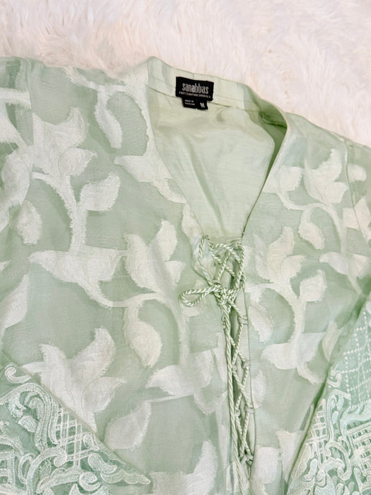 Sana Abbas Muted Seafoam Green Shirt with White Floral Pattern and Seafoam Green Embroidery