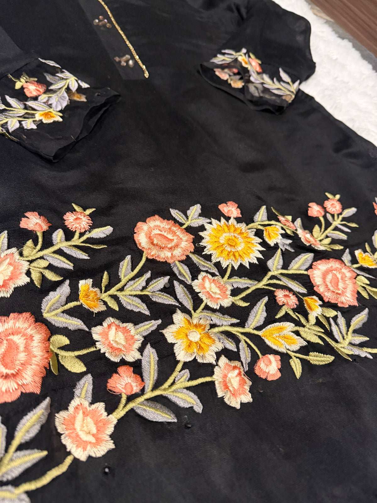 Jeem Black Cotton/Silk blend Shirt with accents on neckline and Embroidery on Sleeves and border.