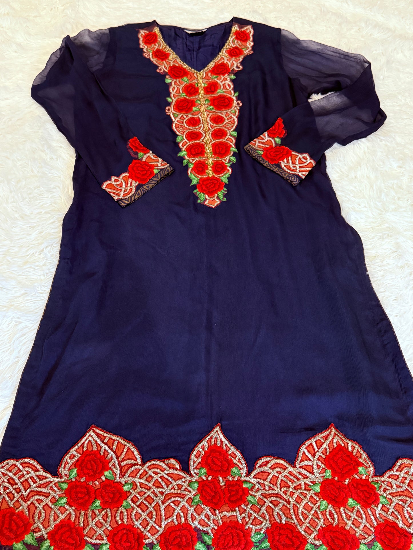 Chinyere Navy Blue Chiffon Kameez with Embroidery on hem, sleeves and neckline