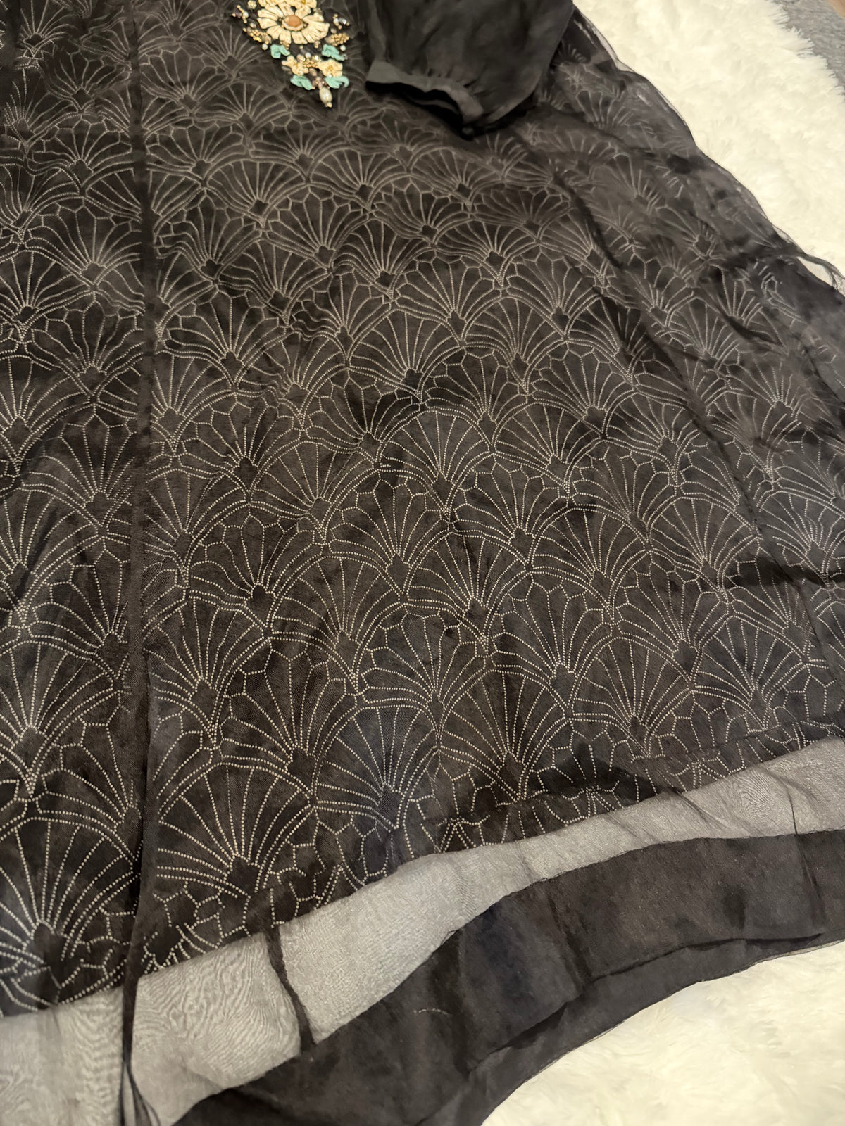 Chinyere Black A-Line Organza/Net Shirt with Heavy embroidery on neckline