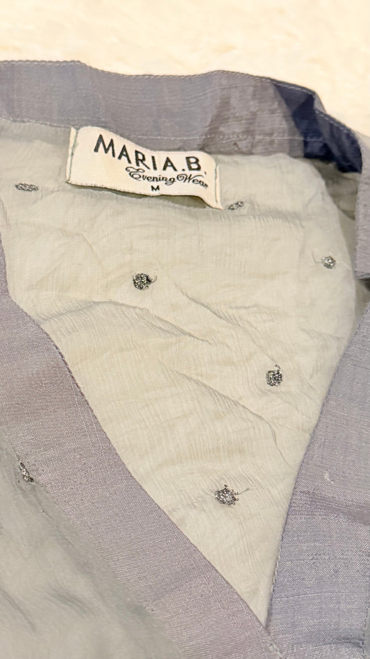 Maria B Gray Chiffon Shirt with Metallic Thread Embroidery and Pearl trim on sleeves and hem