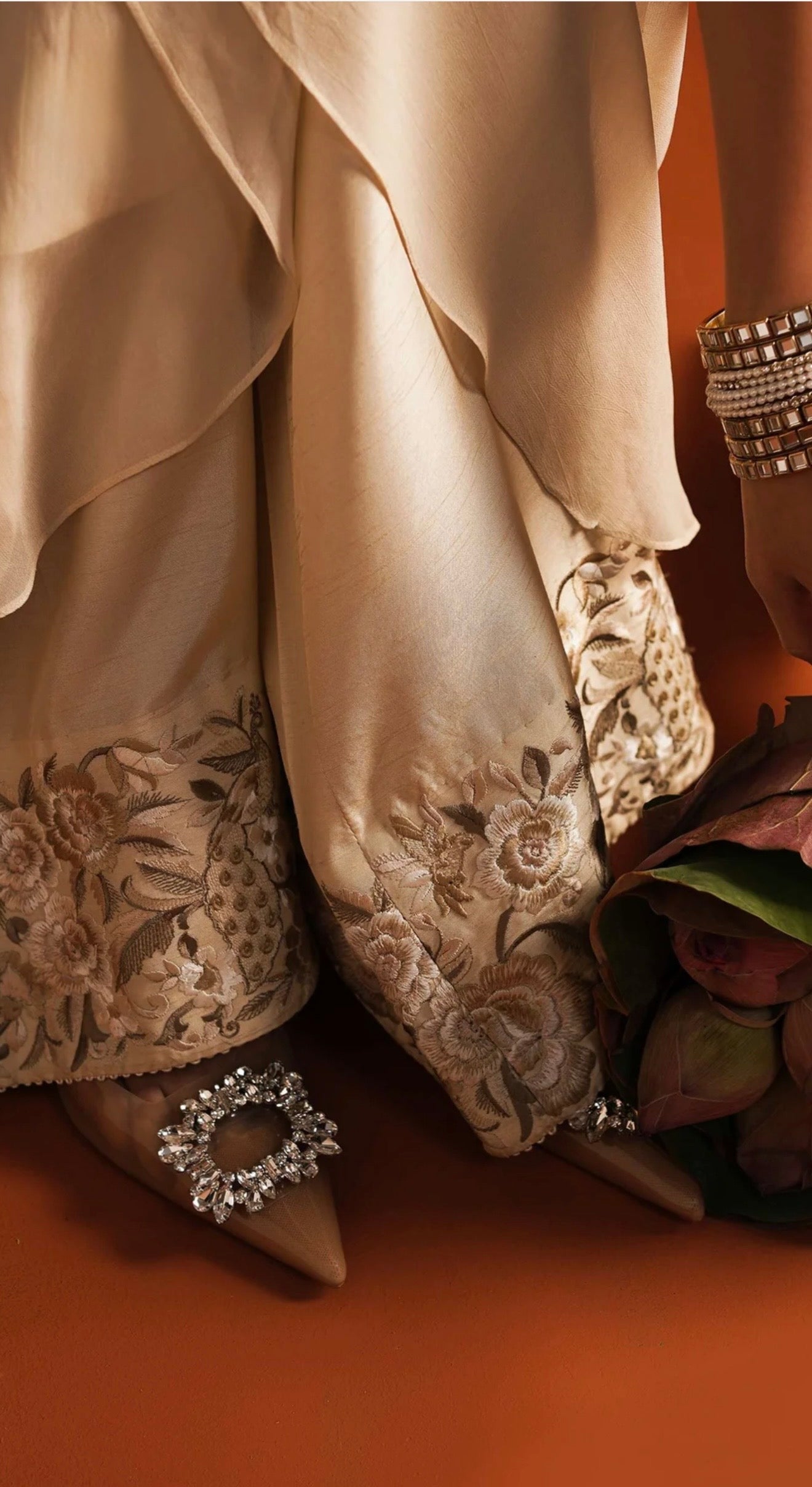 Zara Shajahan Poncho Style Long Shirt with Wide Leg Embroidered Silk Pants.