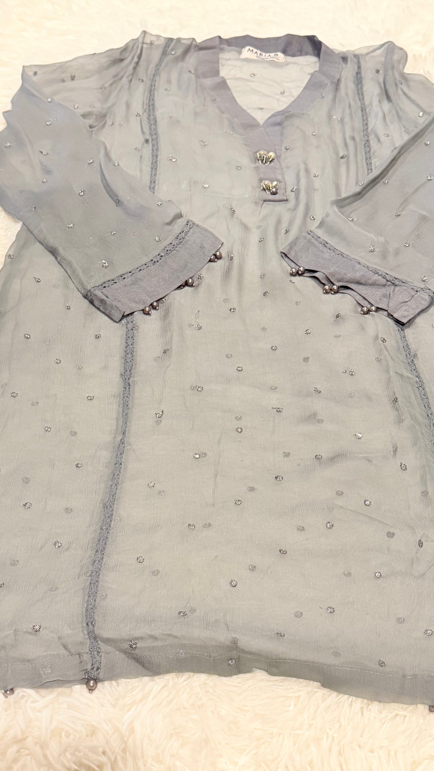 Maria B Gray Chiffon Shirt with Metallic Thread Embroidery and Pearl trim on sleeves and hem