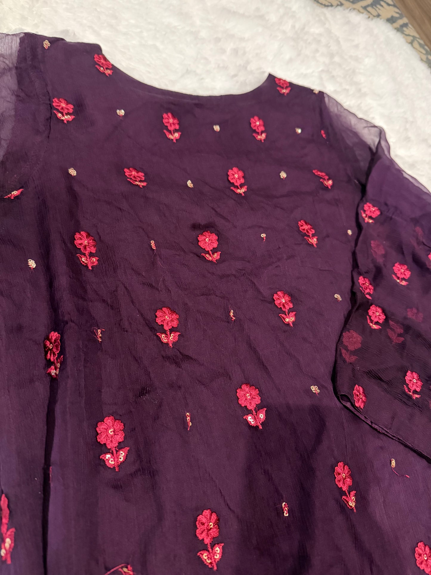 Agha Noor Deep Purple Chiffon Shirt with Magenta Embroidery and Golden Sequins.