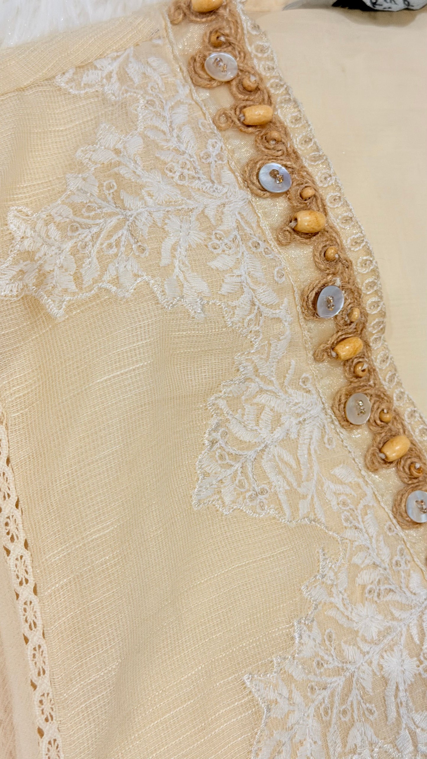 Maria B Cotton Net Cream Shirt with Emboirdery on front and Chiffon Balloon Sleeves with Embroidery on the side.