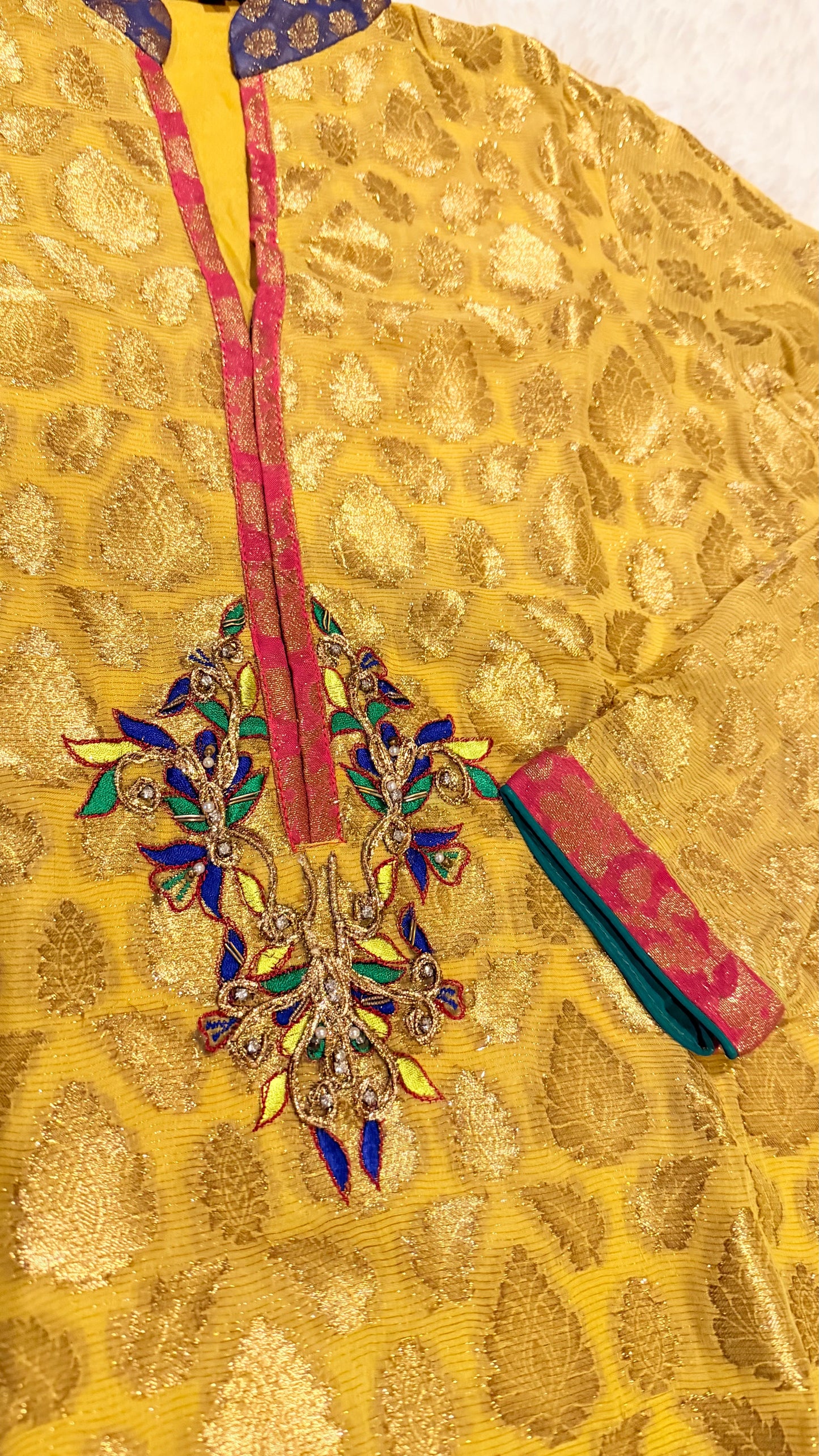 Nickie Nina Mustard/Golden Jamawar Shirt with Heavy Embroidery, Metallic Thread and Crystal Embelishments on the borders and Neckline