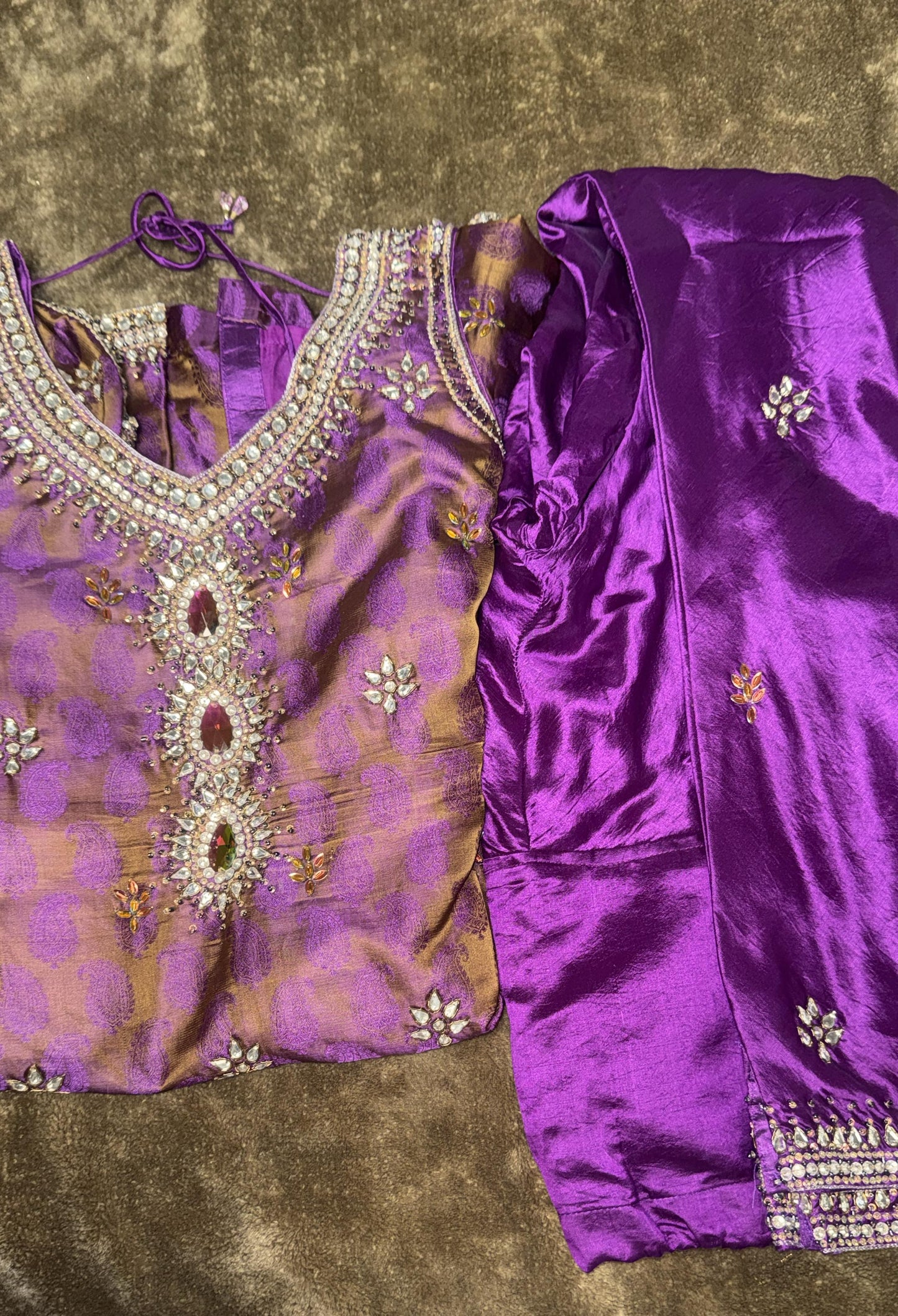 Purple and Mehndi color Indian Short Shirt and Churidaar Pant with Crystal Embellishments