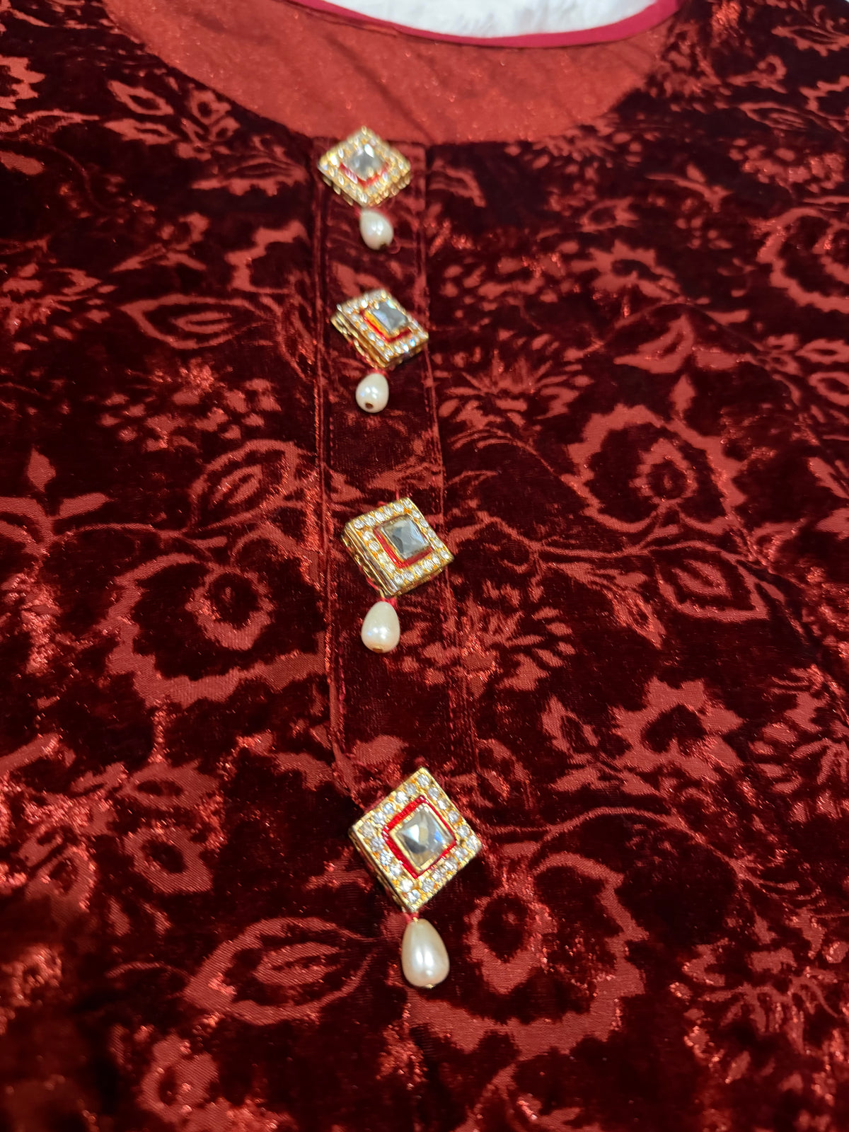 Rust/Orange Self Printed Velvet shirt with ornate buttons on neckline