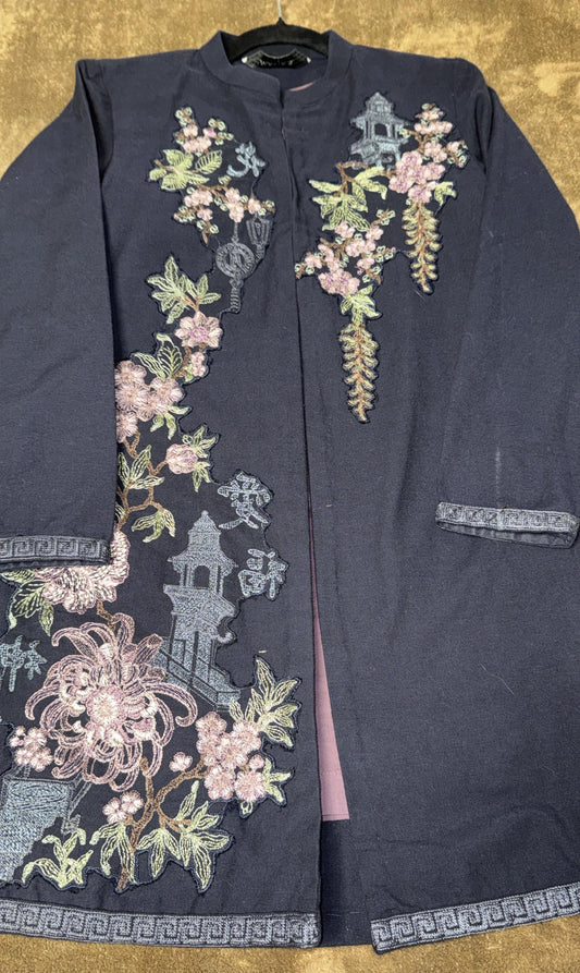 Maria B Black Khaddar Jacket with Floral Embroidery and Slip